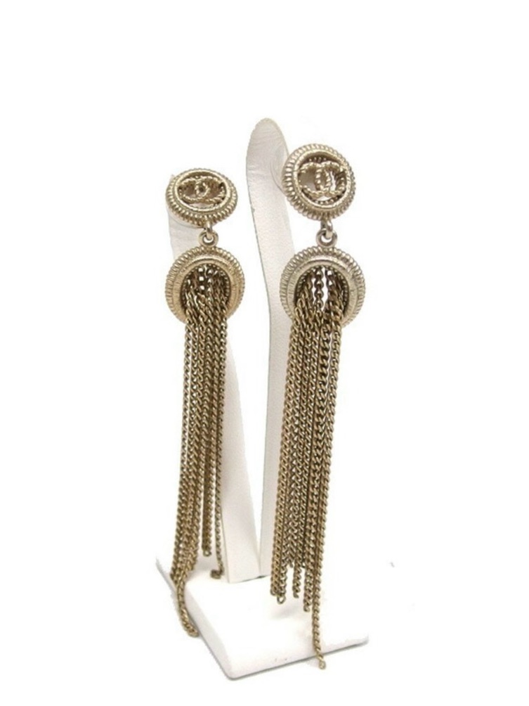 Vintage Chanei Logo Chain Light Gold-Tone Dangle Earrings Obo !